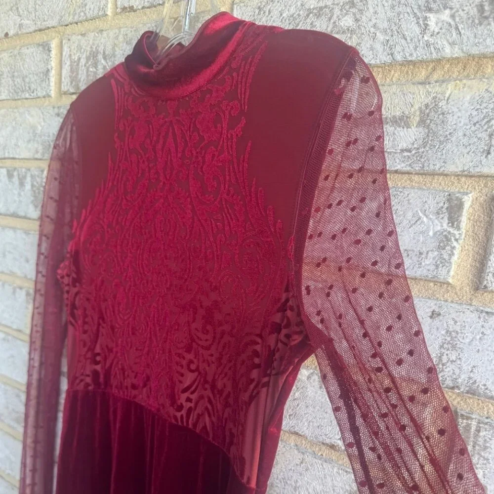 Free People Intimately Long Sleeve Semi-Sheer Velvet/Mesh Burnout Mini Dress S